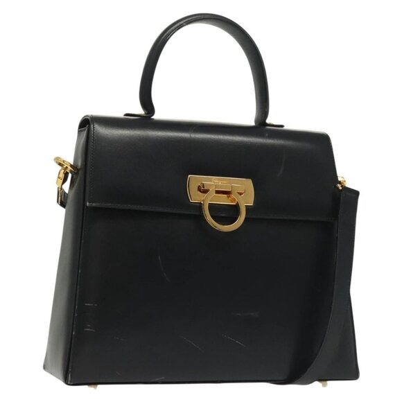 Salvatore Ferragamo Gancini Hand Bag Leather 2way Black Gold Auth 136400 - Picture 1 of 16